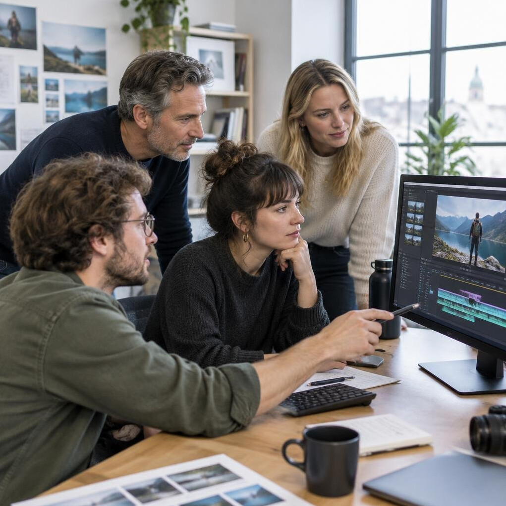 Small team of young creatives reviewing footage together around a desk