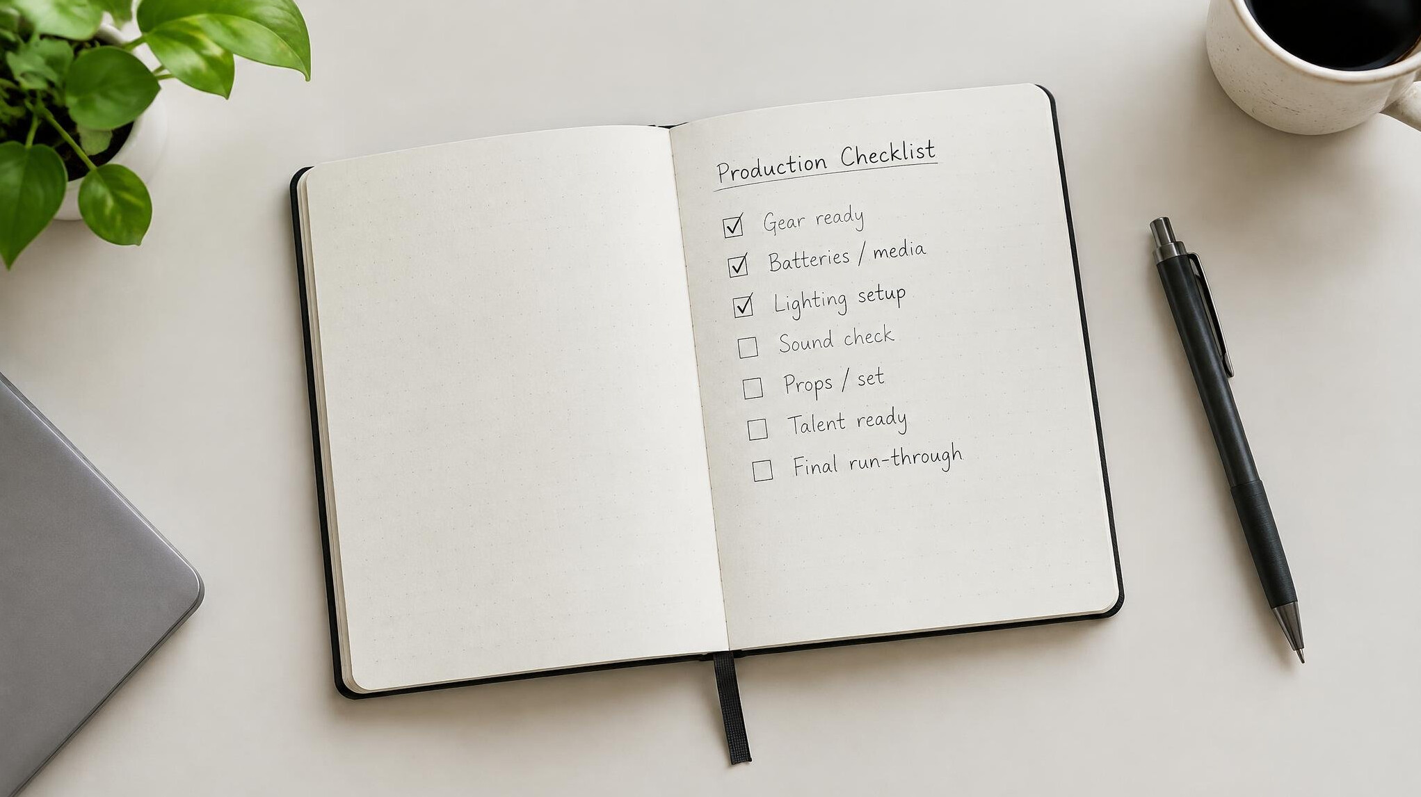 Notebook with a production checklist and a pen on a desk